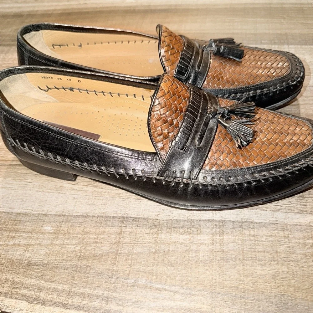 Florsheim Woven Leather Tassel Loafers Mens 12 D Black Brown Dress Shoes Moc Toe